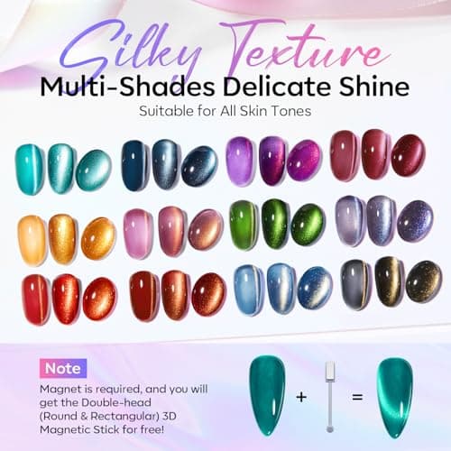 modelones 15ML Cat Eye Gel Nail Polish Set, 12Pcs Glitter Pink Red Green Purple Blue Cateye Gel Polish Set with Magnet Sparkle Series Hema-free Gel Polish Kit Same Color Same Bottle Soak Off Nail Art - Thumbnail 6