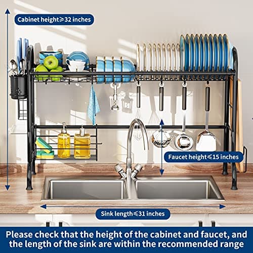 MOUKABAL Dish Drying Rack - Stainless Steel Over The Sink Dish Drying Rack (Expandable Length), Large Dish Rack with Utensil Holder, 32.3" - 33.9"(L) x 11.4"(W) x 23"(H) Black - Thumbnail 3