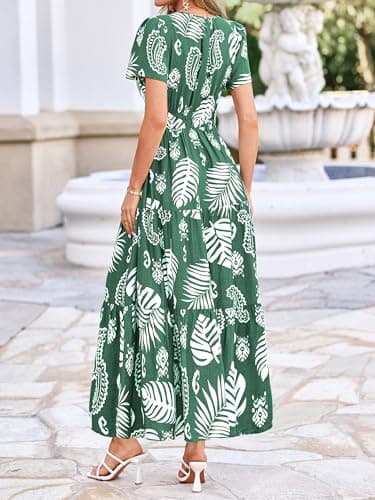 BTFBM Womens Summer Floral Maxi Dresses V Neck Short Sleeve Boho Casual Flowy Long Wedding Guest Dress Beach Vacation(Floral Green White, Medium) - Thumbnail 3