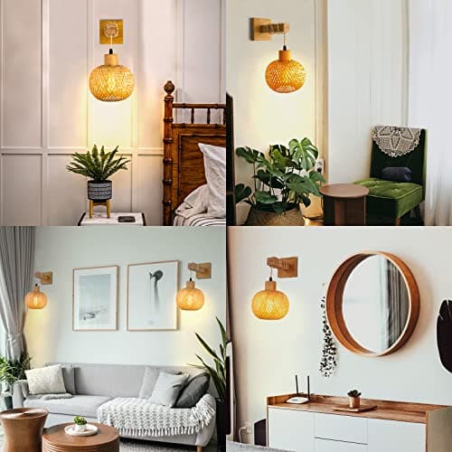 Frideko Bamboo Wall Sconce Lighting - Rattan Wall Lamps for Bedroom, Farmhouse Wall Light with Bamboo Lampshade, Rustic Boho Sconces Light Fixture for Living Room - Thumbnail 6