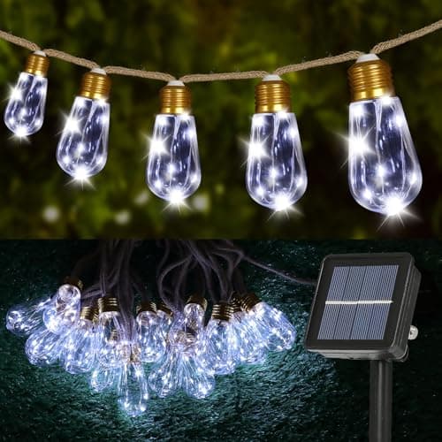 Solar String Lights for Outside, 24FT Vintage Rope Hemp Solar Outdoor String Lights with 20 Shatterproof Bulbs, Solar Powered Waterproof 8 Modes Patio Lights for Garden Fence Balcony Camping - White - Image 1