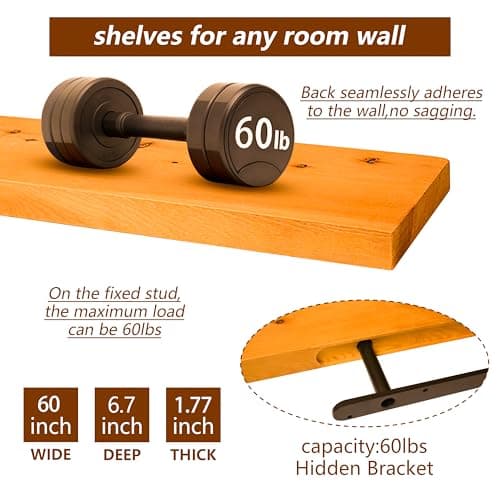 Wooden Floating Shelves for Wall, 48-inch Wall - Mounted Storage Shelves Premium Floating Bookshelf Solid Wood, Rustic Long Shelf, 48 x6.7 x 1.77 inch, for Kitchen,Living Room Shelve Home Decor - Thumbnail 3