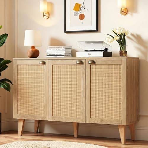 GREEN PARTY 47" Rattan Sideboard Buffet Cabinet with Storage, 3-Door Boho Coffee Bar Cabinet, Kitchen Storage Cabinet with Adjustable Shelves for Dining Room, Living Room, Entryway - Image 1