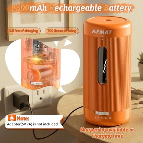 AFMAT Electric Pencil Sharpener, Auto in & Out, 5 Nibs, 7K+ Uses, Fully Automatic Pencil Sharpener for Classroom, Rechargeable Hands-Free Sharpeners for Jumbo/Colored Pencils (φ6.5-12mm) PSC3(Orange) - Thumbnail 5
