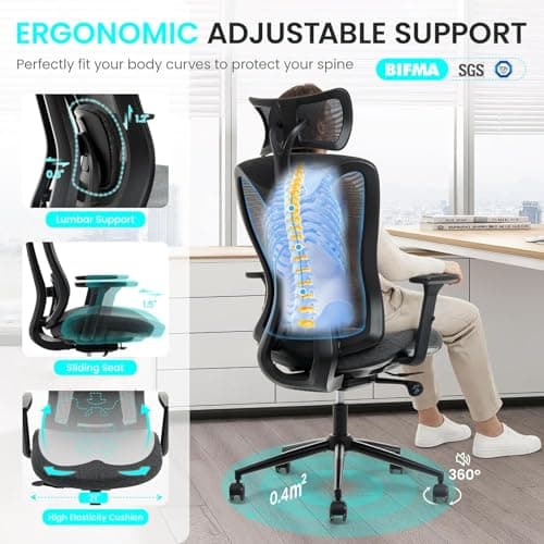LuxErgo Ergonomic Office Chair, High Back Mesh Desk Chair with Adjustable Headrest Lumbar Support Seat Depth, 300 Lbs Big and Tall, 90-110° Tilt Lock Swivel Rolling Task Chair, Black - Thumbnail 6
