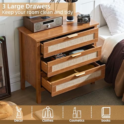 LEYAOYAO 31.5" Wide Rattan Nightstand, Large Boho 3 Drawer Night Stand, Tea Brown Bedside Table with Storage, Tall Bed Side End Tables, Chest of Drawers Dressers for Bedroom, Living Room, Hallway - Thumbnail 5