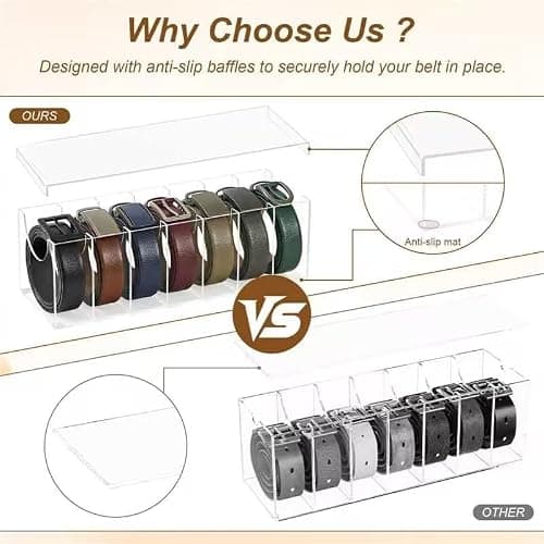 Belt Organizer, Acrylic Belt Storage Holder for Closet Drawer with 7 Compartments, Belt Holder Organizer with Dust Cover Box Holder, Clear Belts Display Case for Watch, Jewelry, Socks - Thumbnail 3