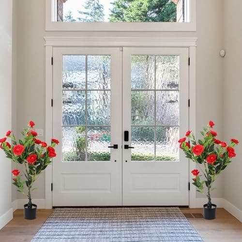 2 Pack Artificial Camellia Tree, 36" Red Faux Camellia Plant, Fake Indoor Outdoor Tree for Home, Office, Porch, Living Room, Red - Thumbnail 5