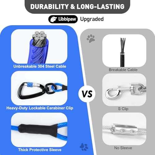 Libbipaw Dog Tie Out Cable 10FT Heavy Duty Chew Proof, Tangle-Free Runner with 360° Swivels & Locking Clip for Large Dogs Up to 250LBS - Rust Proof Leash for Yard, Camping, Outside (Blue 10FT) - Thumbnail 4