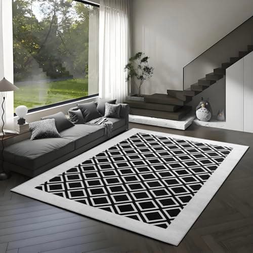 Washable Rug 8x10 – Soft Textured Area Rug with Non-Slip Backing, Modern Luxury Checkered Design, Machine Washable Carpet Perfect for Living Room, Bedroom, and Dining Room, Black - Image 1