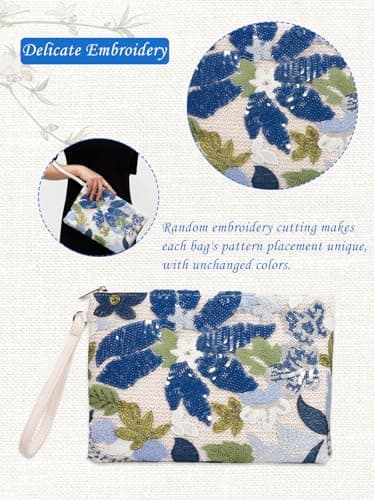 EGOUE Clutch Purses for Women, Embroidered Floral Clutch Bag with Leather Wrist Strap for Daily Travel, Parties & Wedding - Thumbnail 6