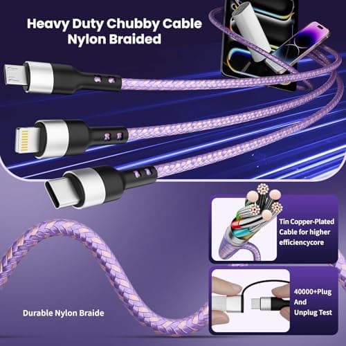 Travel Essentials, 3 in 2 Multi Charging Cable USB C Charger for iPhone 17, Multi Charger Cord with Type C/Lightning/Micro USB, Compatible for iPhone 17 to 11, Android, Galaxy, iPad, 2Pack-5 FT - Thumbnail 4