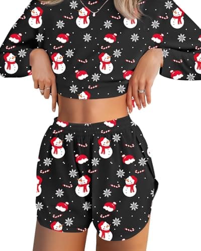 JUSTFASHIONNOW Womens Christmas Pjs Pajamas Set 2 Piece Lounge Set Women Snowman Printed Short Sleeve Split Shorts Sets Casual Xmas Shorts Sets Comfy Loungewear Outfits (Black, XX-Large) - Image 1