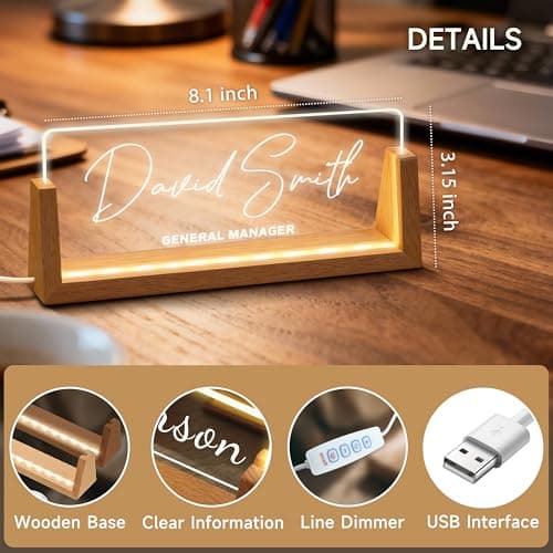 Custom Desk Name Plate Personalized with Wood LED Light Base, Office Acrylic Nameplate for Men Dad Father, Personalized Office Desk Accessories Decor, Boss Executive Name Sign. - Thumbnail 4