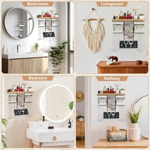 BNING Hanging Jewelry Organizer, Wall Jewelry Organizer with Shelf for Women, Rustic Wooden Necklace Holder Wall Mounted, Earring Holder Organizer Display for Earrings Bracelets Necklaces - Thumbnail 6