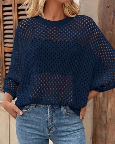 KIRUNDO Crochet Tops for Women Summer Hollow Out Batwing Sleeve Cover Up Cute Pullover Sweater Shirts Beach Vacations Clothes(Navy, XX-Large) - Thumbnail 5