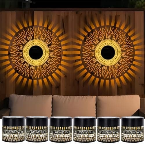 CustomCuddle New Upgrade Solar Mandala Light, Life Wheel Solar Projection Lights Outdoor Waterproof Metal Fence Lights for Yard, Wall, Garden, Patio, Backyard Decoration, Warm Light, 6 Pack