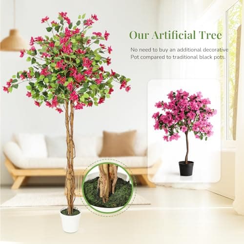 GarveeHome 5 ft Artificial Bougainvillea Tree, Tall Potted Artificial Plants Indoor, Faux Tree with Wood Trunk and Pink Flowers for Outdoor - Thumbnail 6