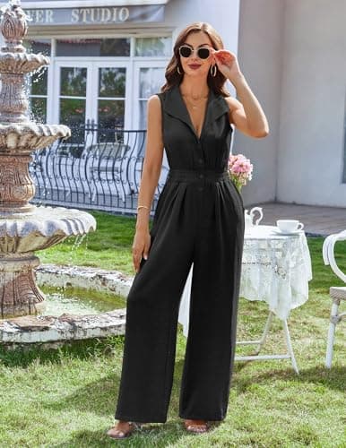 LOOKBOHO Women Summer One Piece Jumpsuit Dressy Sleeveless Casual Vneck Wide Leg Romper Pant Jumper Vacation Outfit(B,M) - Thumbnail 4