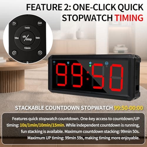 BS-MIAOBO 2.1 Inch LED Gym Clock, Portable Gym Timer, Fitness Timer with Stopwatch, Multi-Mode Countdown Timer with Calendar, 12/24H Clock & Alarm, for Workout, Training, Home and Daily Use - Thumbnail 6