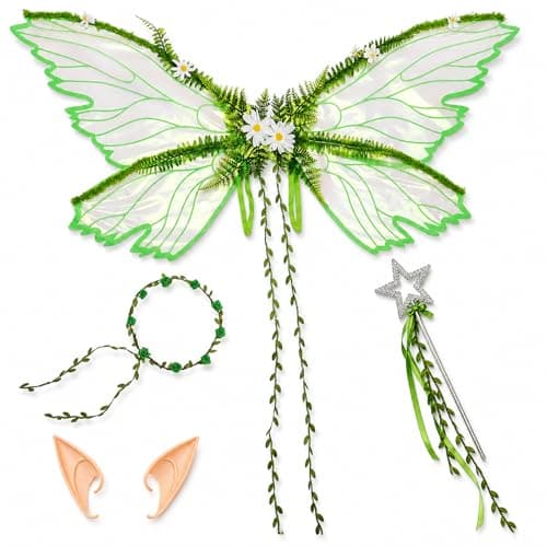 Fairy Wings Set - 4 PCS Butterfly Wings with Elf Ears, Flower Crown & Wand - Universal Size Green