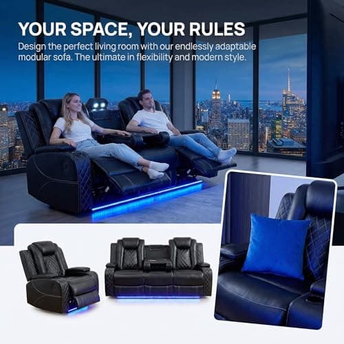 Oversized Modular Sectional Sofa,Leather Sectional Couch with Recliner,Sectional Couches for Living Room, Leather Reclining Sectional with Wireless Charging, LED Lights & Hidden Storage, Black - Thumbnail 5