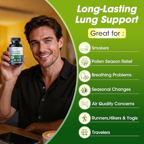 Mullein Oregano Oil Capsules for Lungs Detox-7 in 1Pure Herbal Mullein Leaf Extract, Elderberry, Turmeric,Mentha for Respiratory & Immune Support, Lung Cleanse for Smokers,Vegan,Non-GMO (120 Caps) - Thumbnail 5