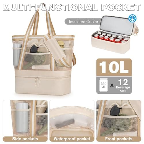 WOOMADA Beach Tote Bag With Cooler, Large Mesh Beach Bags for Women with Wet Pocket, Pool, Swim, Travel Essentials（Beige） - Thumbnail 4