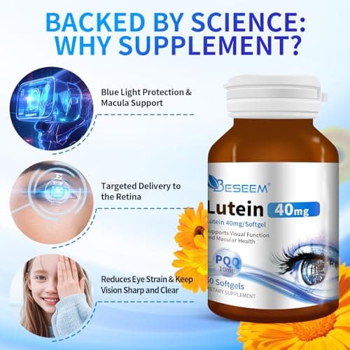 Beseem 6-in-1 Eye Supplement with Lutein 40mg, Zeaxanthin 10mg, Eye Health Support Supplement for Adults – Blue Light Protection, Macula Support & Eye Strain Relief – 60 Softgels - Thumbnail 2
