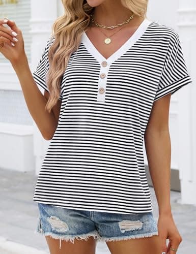 Short Sleeve Shirts for Women Summer Striped Henley Tops Dolman Short Sleeve Casual V Neck T Shirts Trendy 2026 Button Front Dressy Blouses (Black, Large) - Thumbnail 4