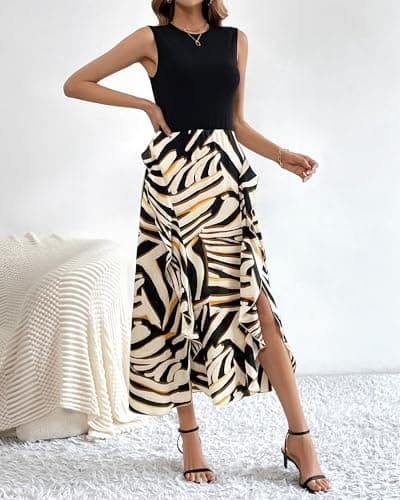 BTFBM Women Casual Sleeveless Summer Dresses 2026 Spring Crewneck Patchwork Boho Floral Ruffle Cocktail Party Midi Dress(Striped, XX-Large) - Thumbnail 4