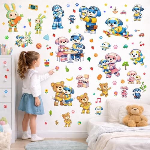 Humerry 176 PCS Robot Dog Family Wall Stickers, 6 Sheets Large Removable Peel and Stick Cartoon Puppy and Their Friends Wall Decals for Nursery, Playroom and Bedroom Decor