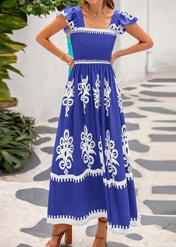 BTFBM Summer Dresses for Women 2026 Casual Floral Boho Sleeveless Square Neck A Line Flowy Beach Maxi Sundress Pockets(Blue Flower, X-Large) - Thumbnail 6