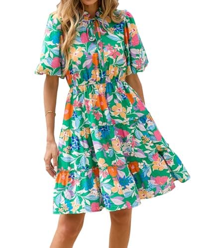 BTFBM Women Summer Floral Short Dresses V Neck Short Sleeve Tiered Ruffle Boho Swing Dress A-Line Mini Dresses(Floral Green Orange,Small) - Image 1