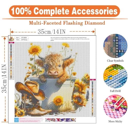 igoodom Cow Diamond Art Kits for Adults, Highland Cow Diamond Art Kits, Full Drill Round Sunflower Diamond Painting Kits, DIY Gem Art and Crafts for Home Wall Decor Gift 14x14inch - Thumbnail 5