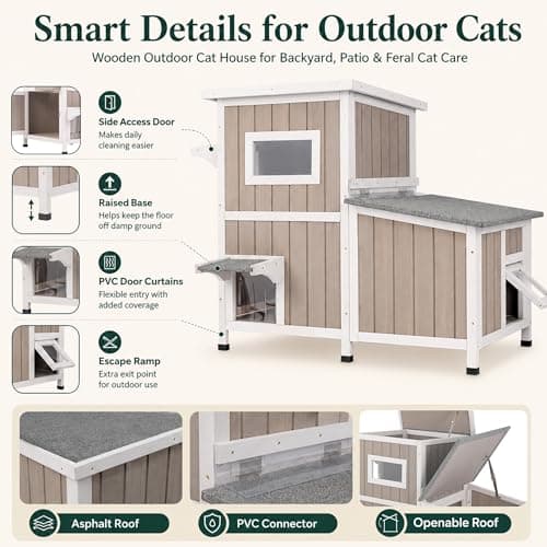 PetsCosset Cat House for Outdoor Cats Outside Feral Cat Shelter Weatherproof Wooden Cat Houses for 2-3 Cats with 3 Rooms 3 Escape Doors 2 Openable Asphalt Roofs - Thumbnail 3