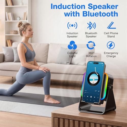 TARKARI Wireless Induction Speaker, 5 in 1 Bluetooth Speaker, Emergency Charging 360° Rotation Cell Phone Stand Compatible with iPhone Android iPad Samsung, Birthday Gifts for Men Women - Thumbnail 2