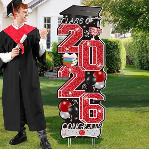 Graduation Yard Signs Class of 2026, 4 Pcs Large Red Graduation Decorations 2026 for Lawn High College School, Congrats Grad Sign for Indoor Outdoor Grad Party Decorations 2026 Backdrop Decor Supplies