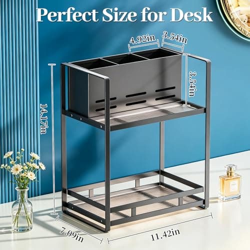 SanDream Hair Tool Organizer Bathroom Countertop, 2-Tier Metal Bathroom Organizer with Blow Dryer Holder, Large Capacity Space-Saving Vanity Shelf for Perfume, Skincare & Makeup Storage (Black) - Thumbnail 2