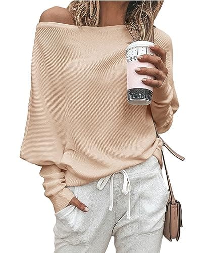 Zenlonr Women's Fall Winter Sweaters 2026 Casual Long Batwing Sleeve Loose Off Shoulder Knit Pullovers Jumper Tops(Beige,X-Large) - Image 1