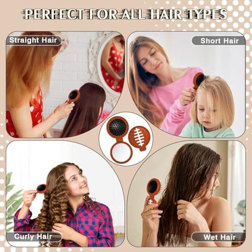 12 Pcs Football Mini Detangler Brush, Folding Mirror Hair Brushes, Travel Hair Brush, No Tangle Soft Flexible Bristles for Straight, Curly, Thick Hair for Football Team Gift Sport Party - Thumbnail 2