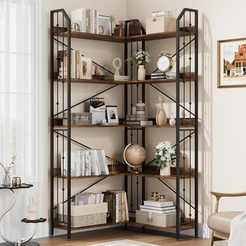 GarveeHome Corner Bookshelf 72" L Shaped Bookcase, Corner Bookshelves Industrial Bookcase 5 Tier L-Shape Bookshelf, Large Bookcases with Beaded Design Tall Display Rack Shelf for Living Room Bedroom