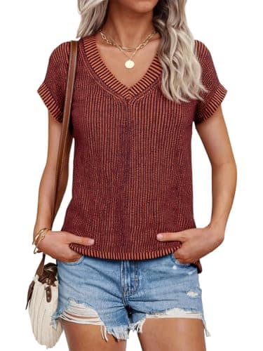 Saodimallsu Womens V Neck Short Sleeve Sweater Summer Lightweight Cap Sleeve Casual Loose Knit Pullover Tank Tops Orange - Image 1