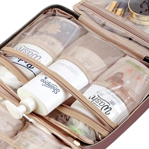 NISHEL Travel Toiletry Bag for women, Portable Hanging Organizer for Full-Sized Shampoo, Conditioner, Brushes Set, Makeup Accessories, Large Size, Rosewood-Pink - Thumbnail 6