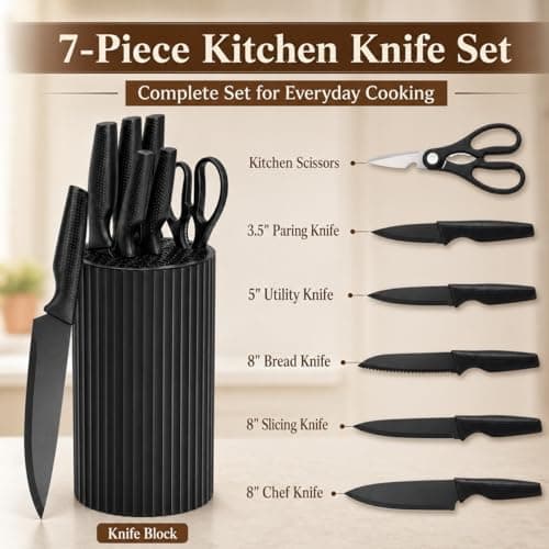 Small Knife Block Set, Modern Kitchen Knife Scissors with Universal Round Holder, Home Apartment New Kitchen Essentials, Space Saving, Dishwasher Safe(Black, 7PCS) - Thumbnail 3