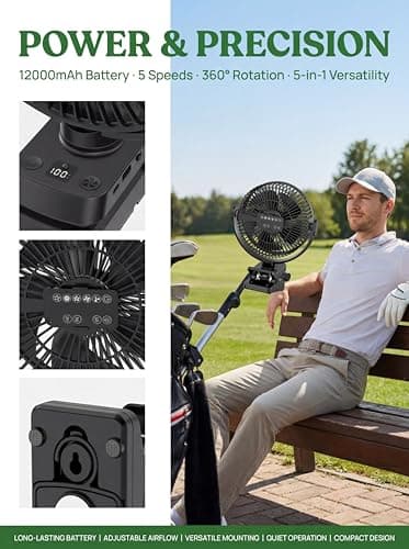8-inch Magnetic Clip on Fan for Golf Cart, 12000mAH Battery Operated Portable Fan with 5 Speeds, LED Lantern, Magnetic Base, Compatible with EZGO Club Car Yamaha, Ideal Golf Cart Accessories - Thumbnail 3
