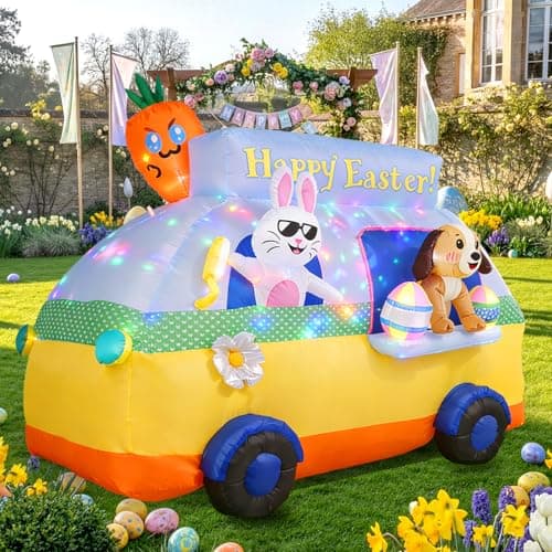 GIFTFIND 7.3FT Long Easter Inflatables Outdoor Decorations - Bunny and Dog Riding Bus, Build-in LED Lights Holiday Blow Up Yard Decoration, for Patio Garden Lawn Party Celebration Decor - Image 1