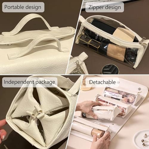 YAKUNCL 4-IN-1 Detachable Cosmetic Bag, Foldable Waterproof PU Leather Makeup Bag, Portable Travel Toiletry Organizer Bag for Women Daily & Travel Use (Almond White) - Thumbnail 4