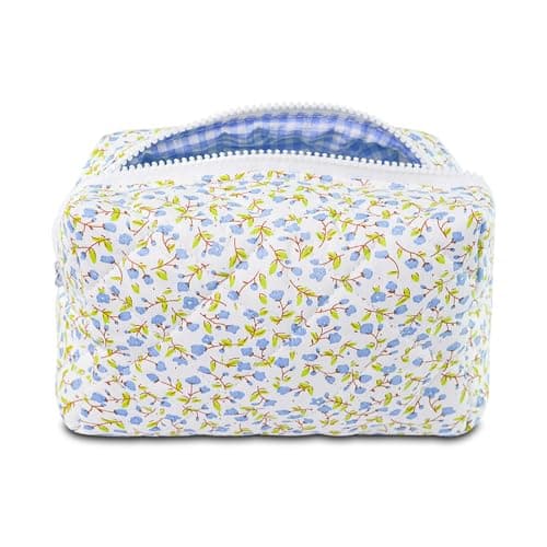 Quilted Makeup Bag Floral Cotton Make up Bag Puffy Coquette Makeup pouch Aesthetic Cute Travel Toiletry Bag for Women Girls - Image 1