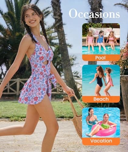MFAVIP Girls One Piece Swimsuits Floral Bathing Suit for Teens V Neck Ruffle Straps Swimsuit Dress Size 9-16 - Thumbnail 4